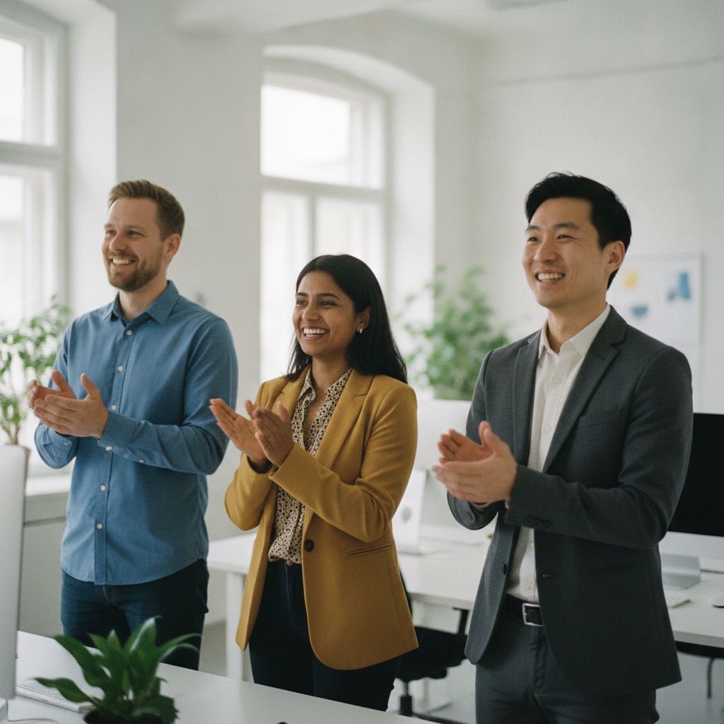 A diverse team celebrating a business result while reviewing growth charts
