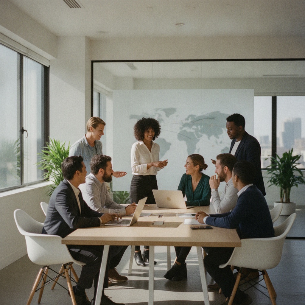 A diverse international marketing team collaborating in a modern office