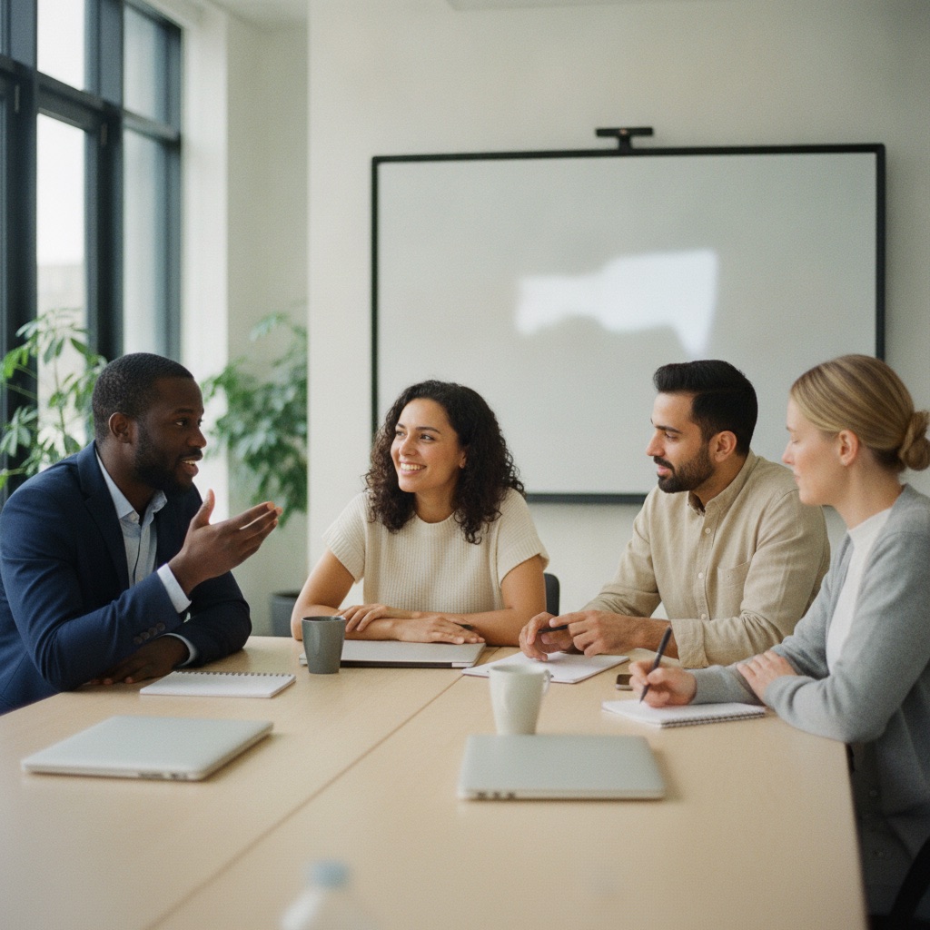 A diverse growth-marketing team collaborating in a modern office