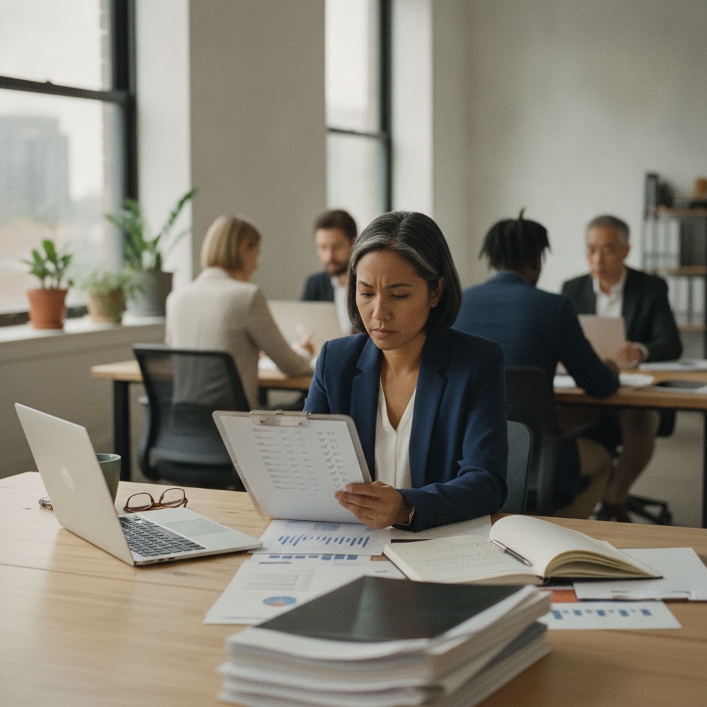A professional planning a market entry with a checklist and documents