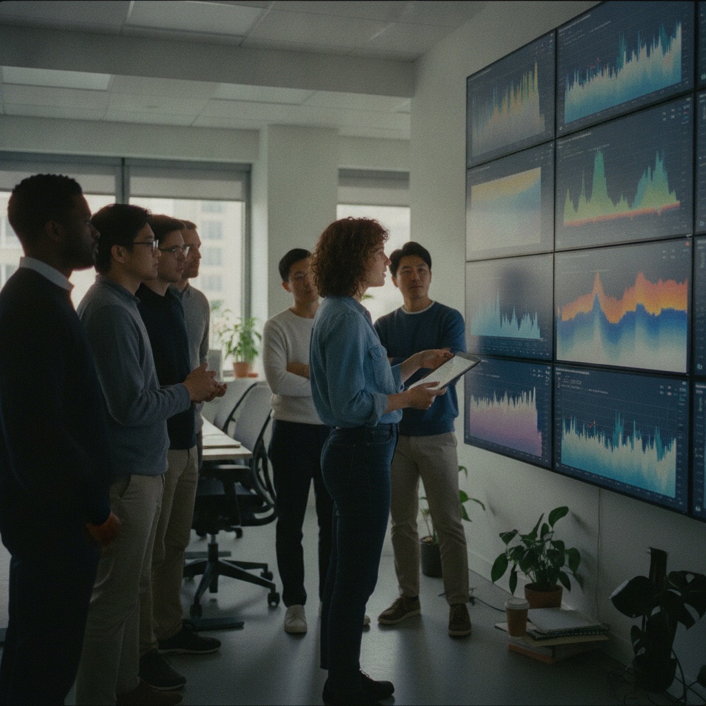 Programmatic specialist in front of a navy and orange connected-nodes motif, representing Silkdrive programmatic advertising