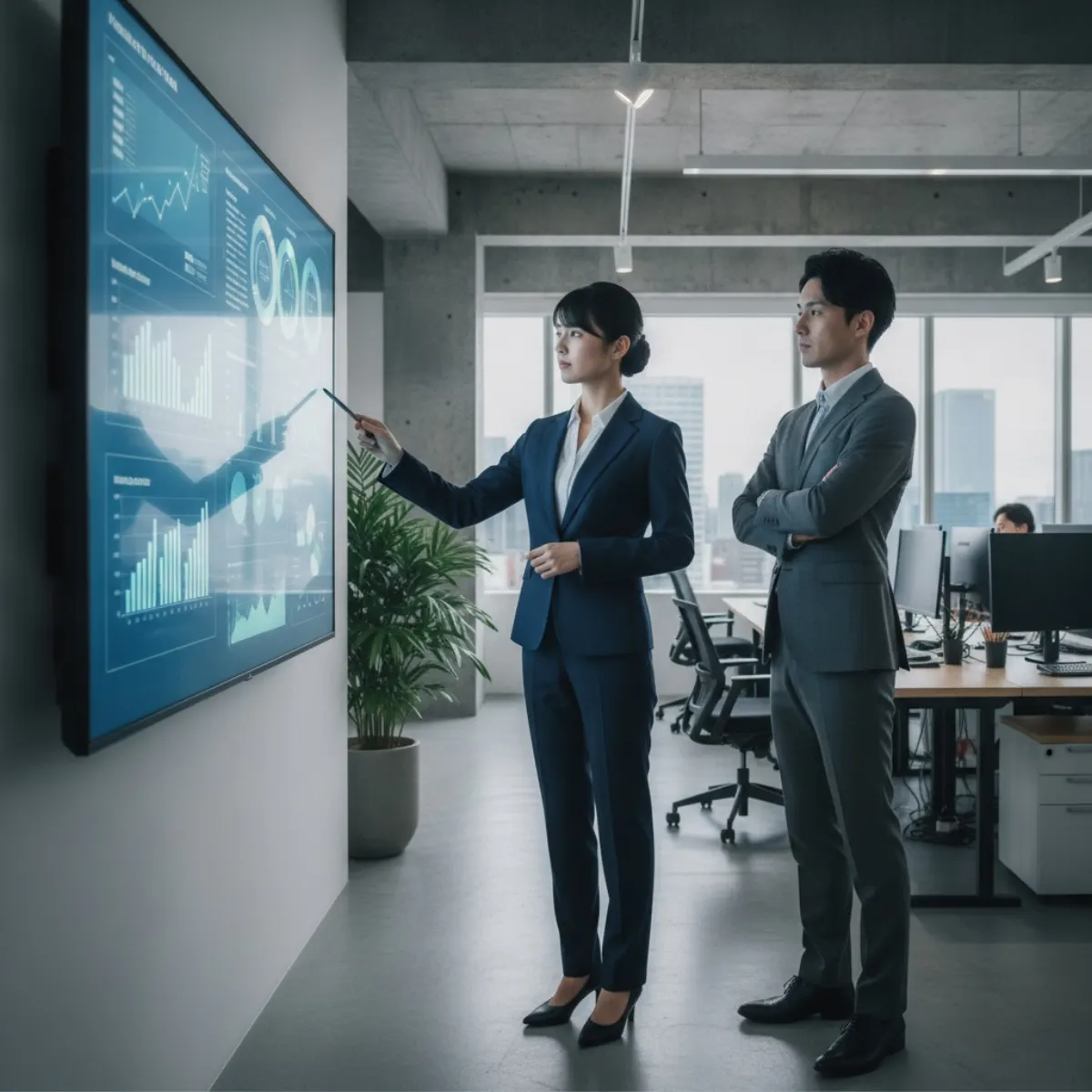 A media planner reviewing a TV media plan on a screen, illustrating above-the-line advertising in Japan