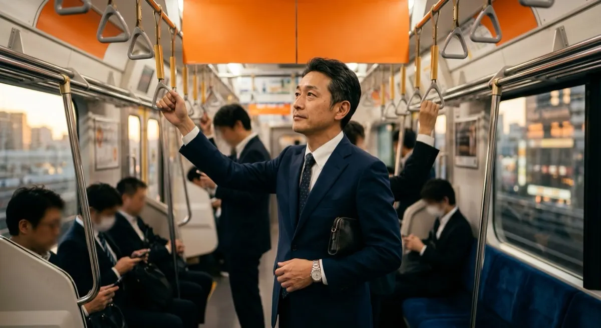 A Japanese commuter looking up at overhead hanging advertisement panels in a Tokyo train carriage, illustrating above-the-line advertising in Japan