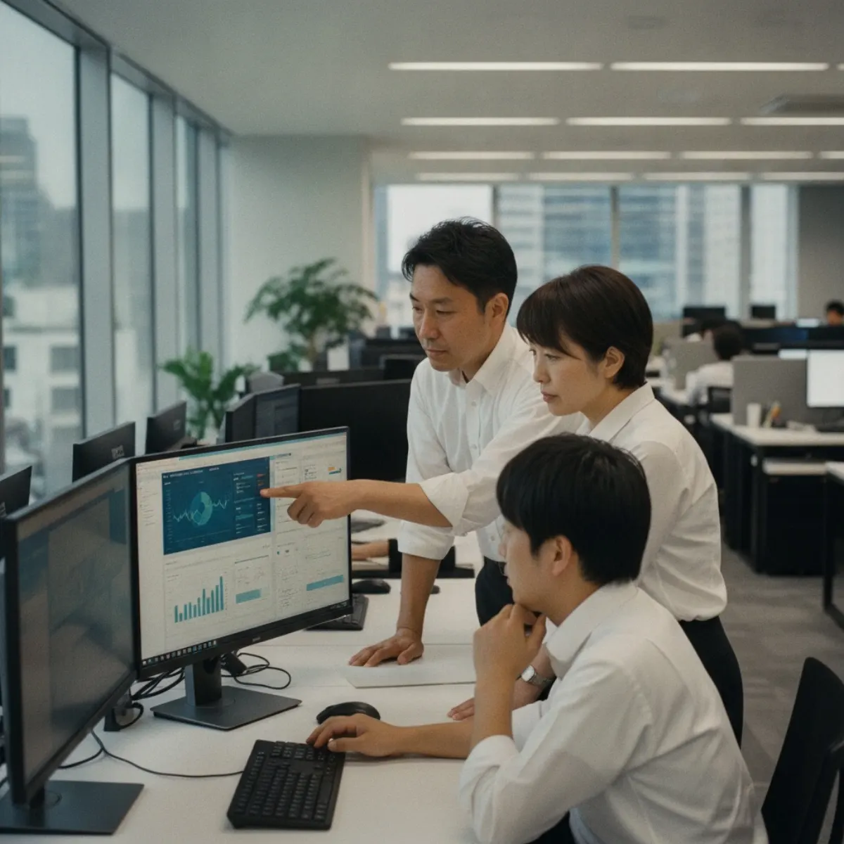 Japanese systems-integrator engineers reviewing an AI analytics dashboard in a Tokyo office
