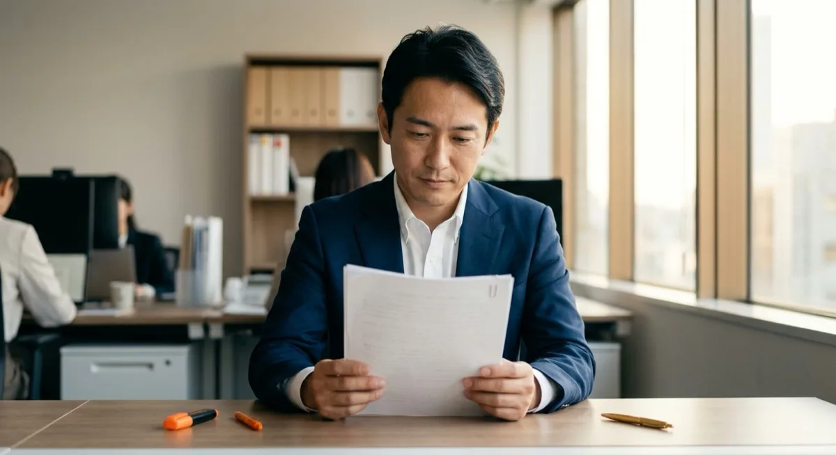 A Japanese middle manager reading a printed white paper at his desk in a Tokyo office, illustrating the content a Japanese buying committee studies after the meeting