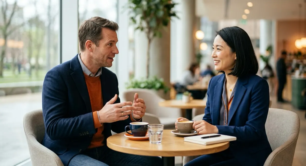 A Dutch and a Japanese professional in candid conversation as equals over coffee, illustrating how two cultures read each other's named tendencies without hardening them into stereotypes