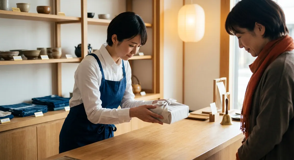 A Japanese shop assistant in a navy apron presenting a cloth-wrapped purchase with both hands to a customer across the counter of a warm-toned craft store, illustrating the high-baseline service culture behind the phrase the customer is god