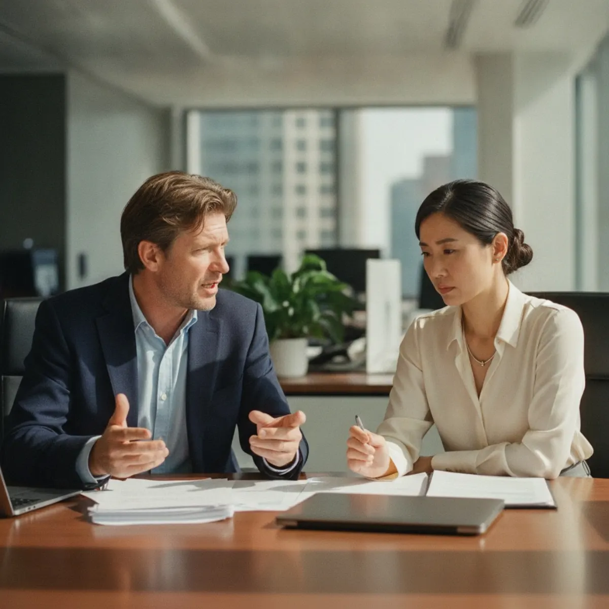 A European manager talking while an Asian colleague stays silent, a common cross-cultural communication mistake
