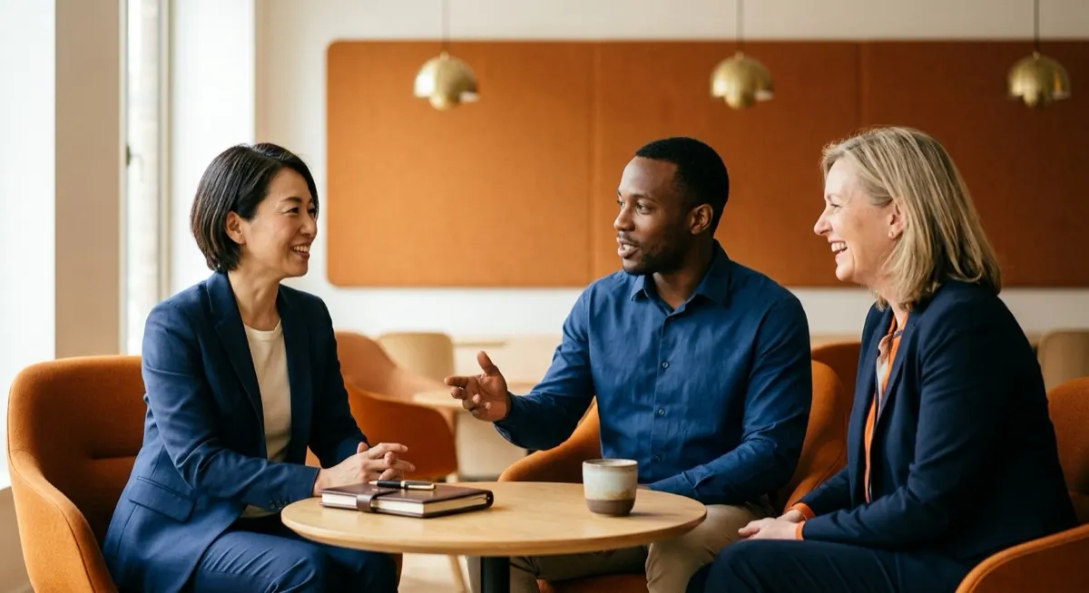 Japanese and European professionals in conversation in a coworking lounge, illustrating EU-Japan Centre webinars for European SMEs