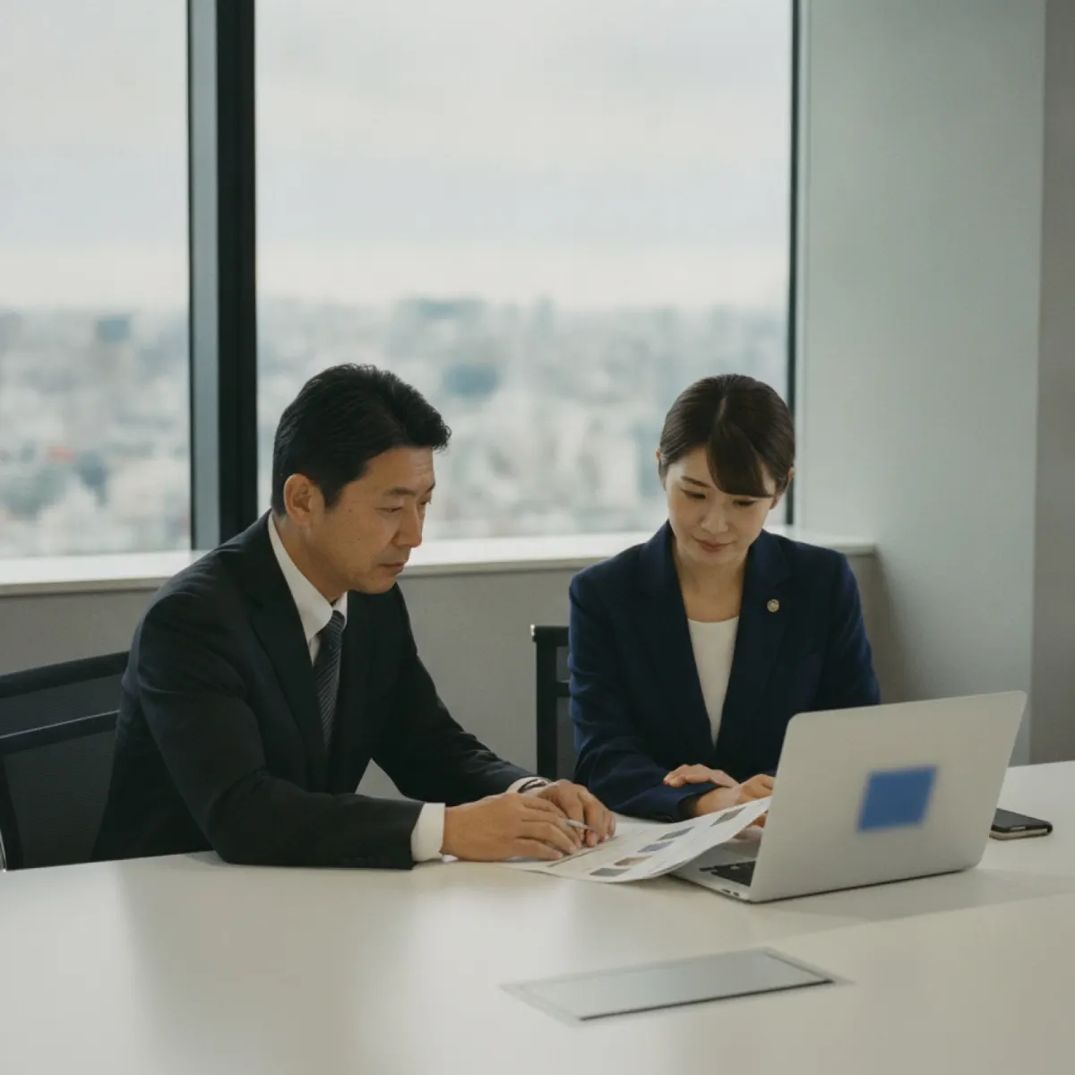 Two Japanese B2B buyers reviewing a software vendor's pricing proposal in a Tokyo office