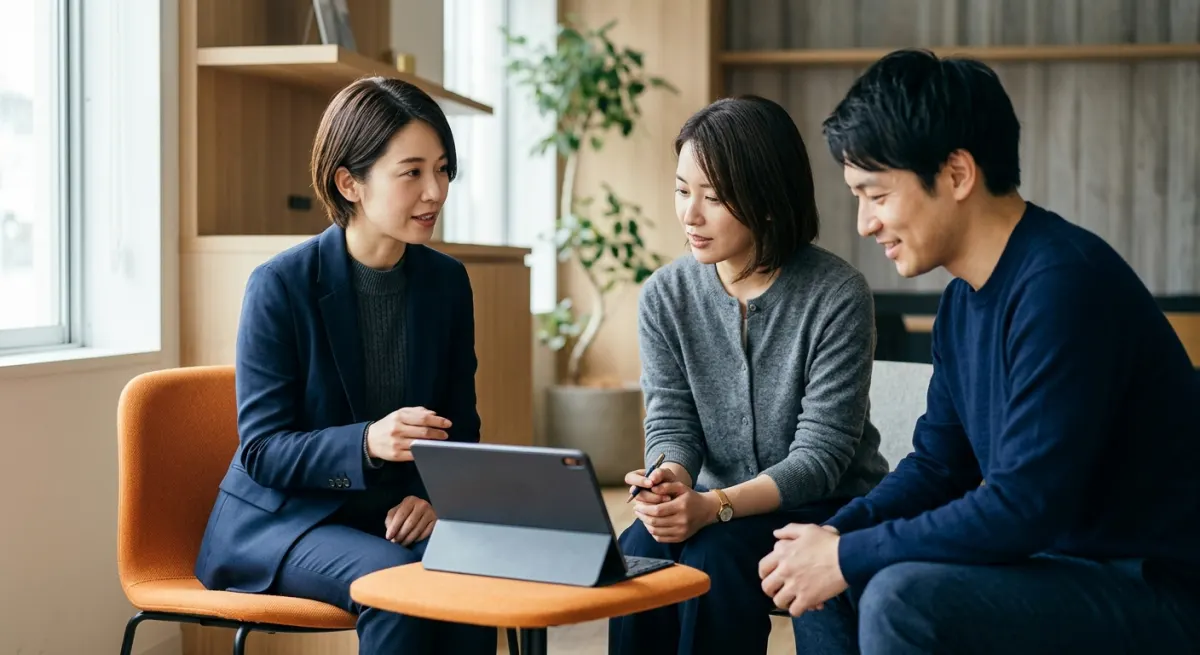 Japanese colleagues evaluating software around an orange chair with a blank tablet, illustrating how Japanese buyers decide to buy SaaS