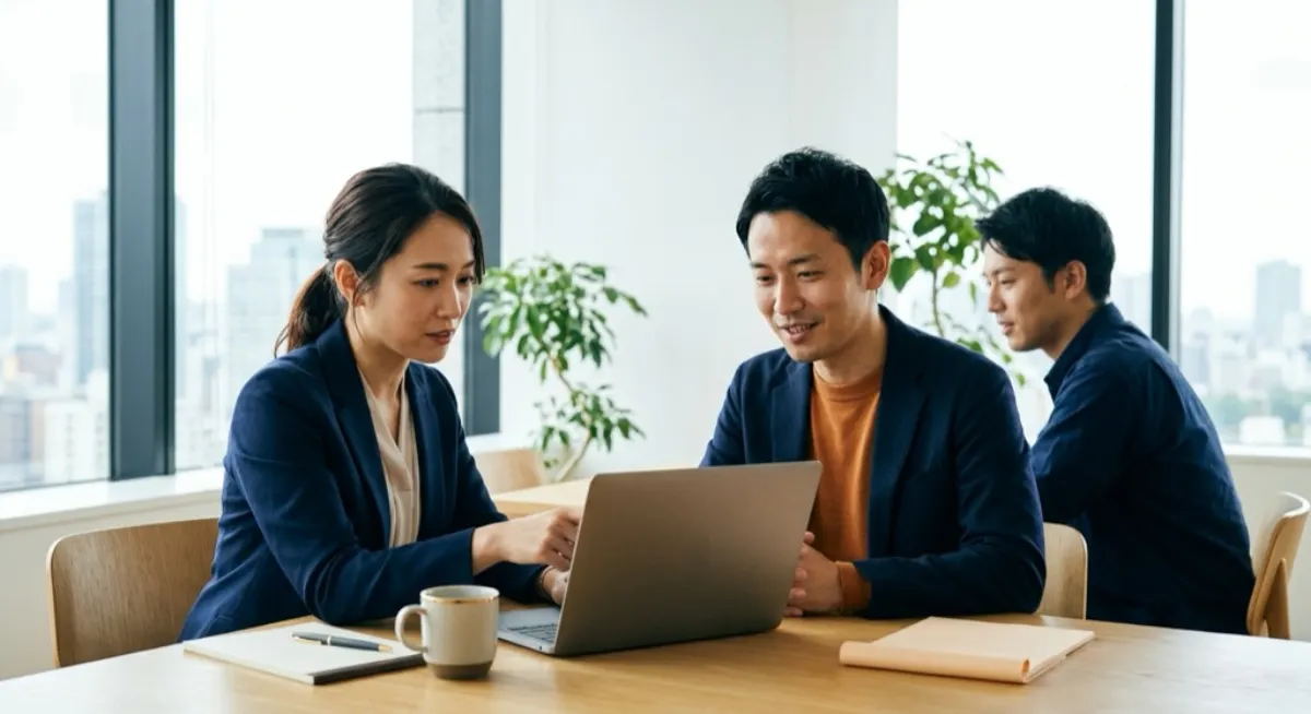 A Japanese business team reviewing a company page together on a laptop in a bright office, illustrating Facebook used as a professional network in Japan