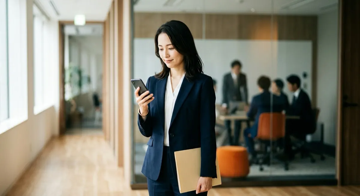 A Japanese businesswoman checking her phone in an office corridor after a meeting, the follow-up moment where Facebook does the work LinkedIn does in Europe