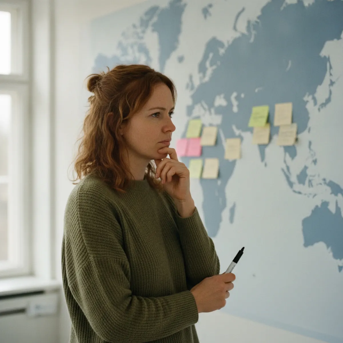 A marketing strategist mapping channel strategy by region against a world map of grouped sticky notes