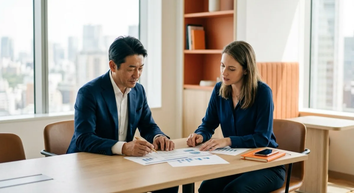 A Japanese manager and a European colleague reviewing printed sales reports together at a Tokyo office table, illustrating the discipline of reading test results before committing to entry