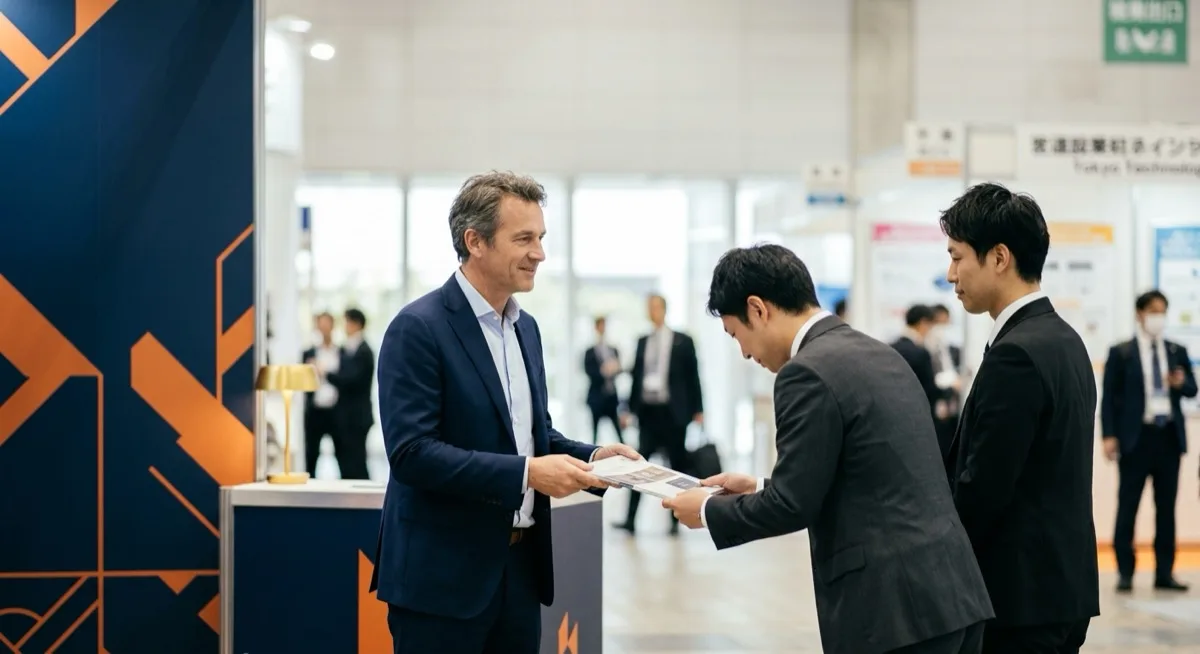 A European exhibitor handing a printed product catalogue to Japanese visitors at a Tokyo trade-fair booth, illustrating the trade fair as an institutional pilot for testing Japanese demand