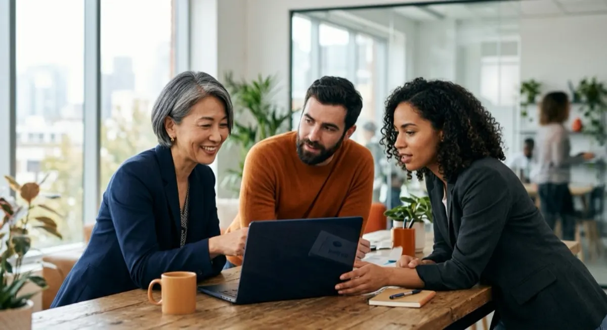 A senior Japanese colleague and two team members, one European, consulting together over a laptop in a modern office, illustrating soudan: consulting early and openly before a decision is finalised