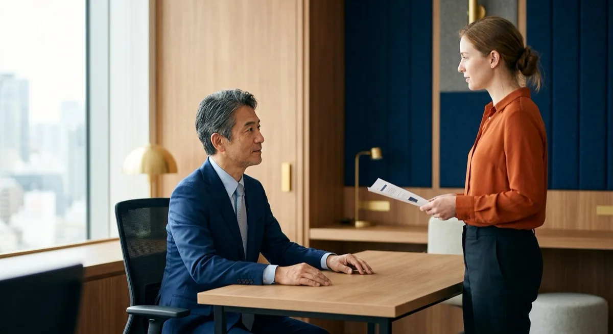 A Japanese manager and a European colleague in a quick informal progress check-in at a desk, illustrating the frequent low-threshold reporting rhythm of hou-ren-sou