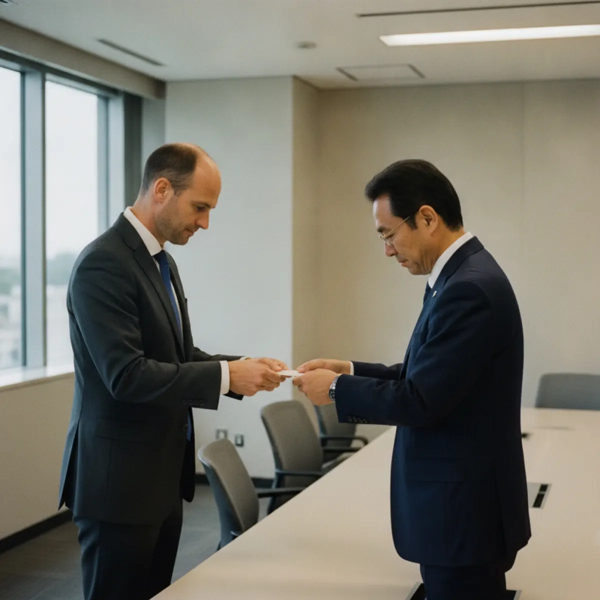 A European and a Japanese executive practising a respectful two-handed business-card exchange in Japan-specific training