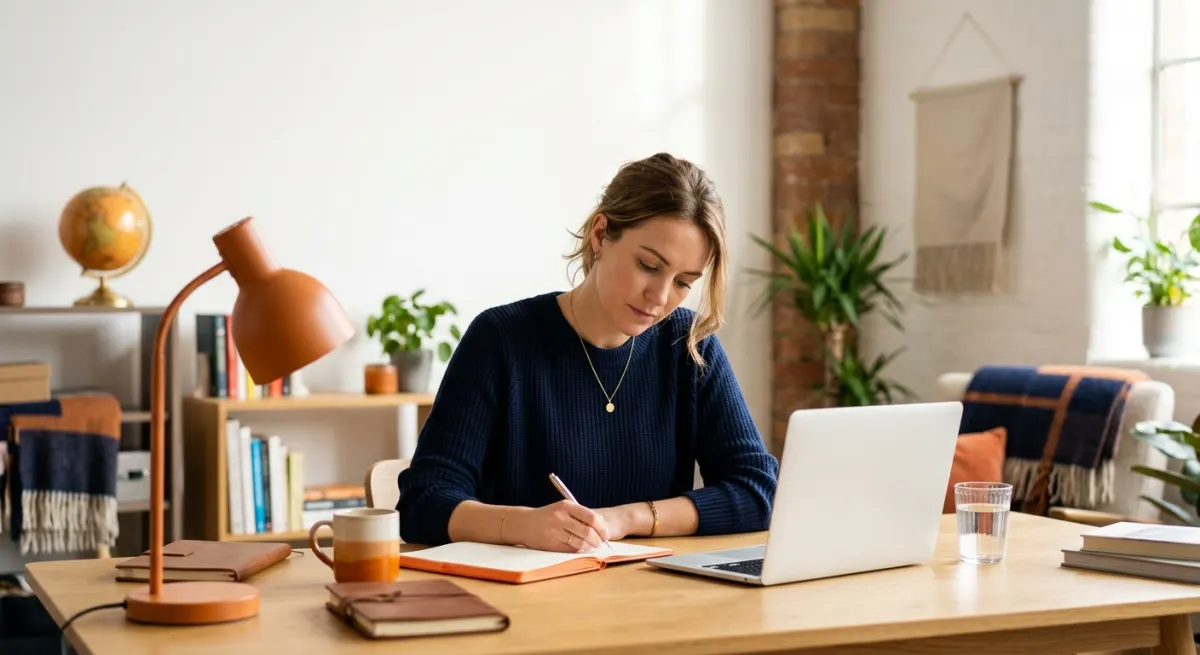 A European SEO specialist in a navy jumper at a desk with an orange lamp and a globe, illustrating international SEO strategy