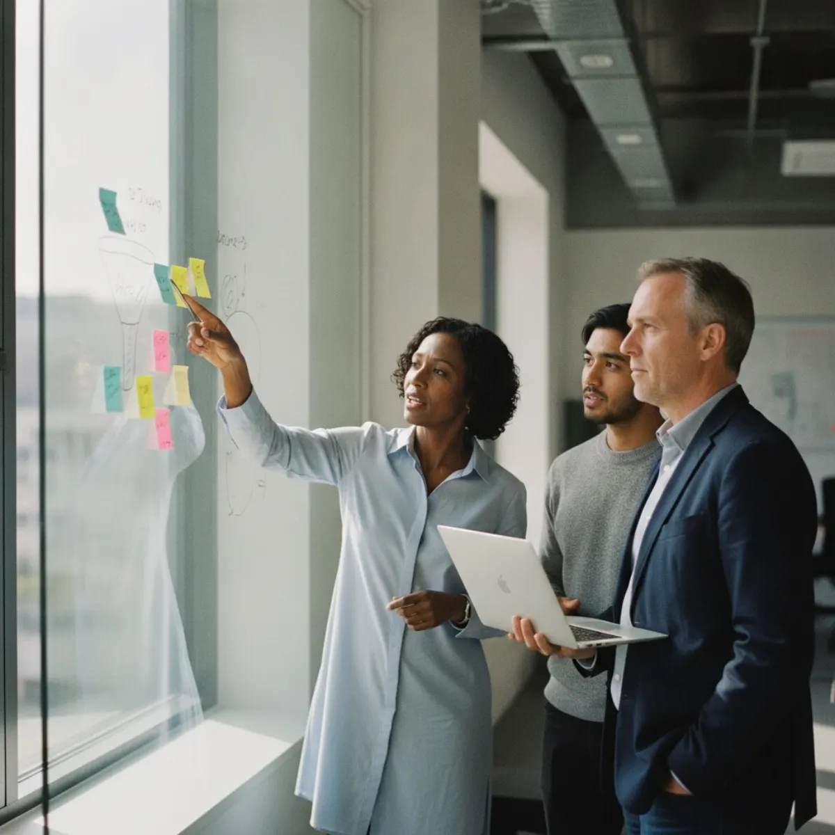 A European tech team mapping customer acquisition channels for Japan on a whiteboard