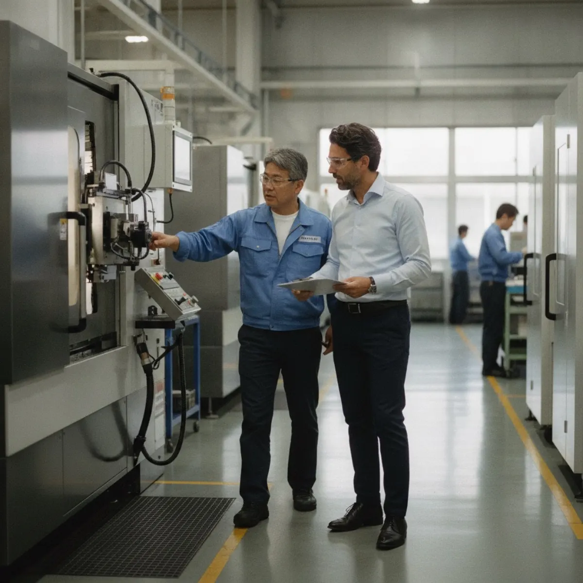 A European visitor touring a Japanese precision-manufacturing facility with a plant engineer