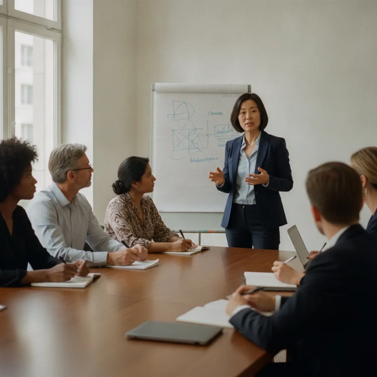 A facilitator leading a cross-cultural business training workshop for a European group