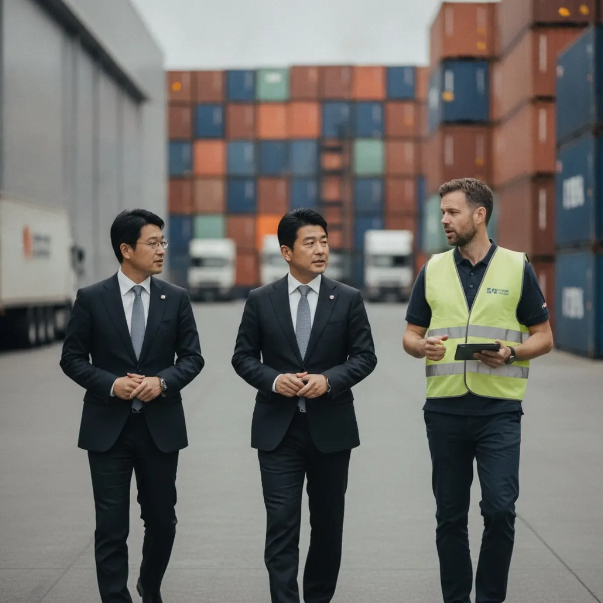 A Japanese business delegation touring a Rotterdam logistics hub with a Dutch host