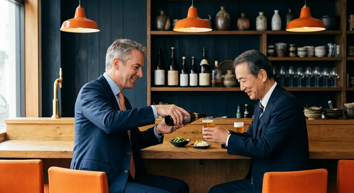 A European executive pouring beer with both hands for a senior Japanese executive at an izakaya counter in Tokyo