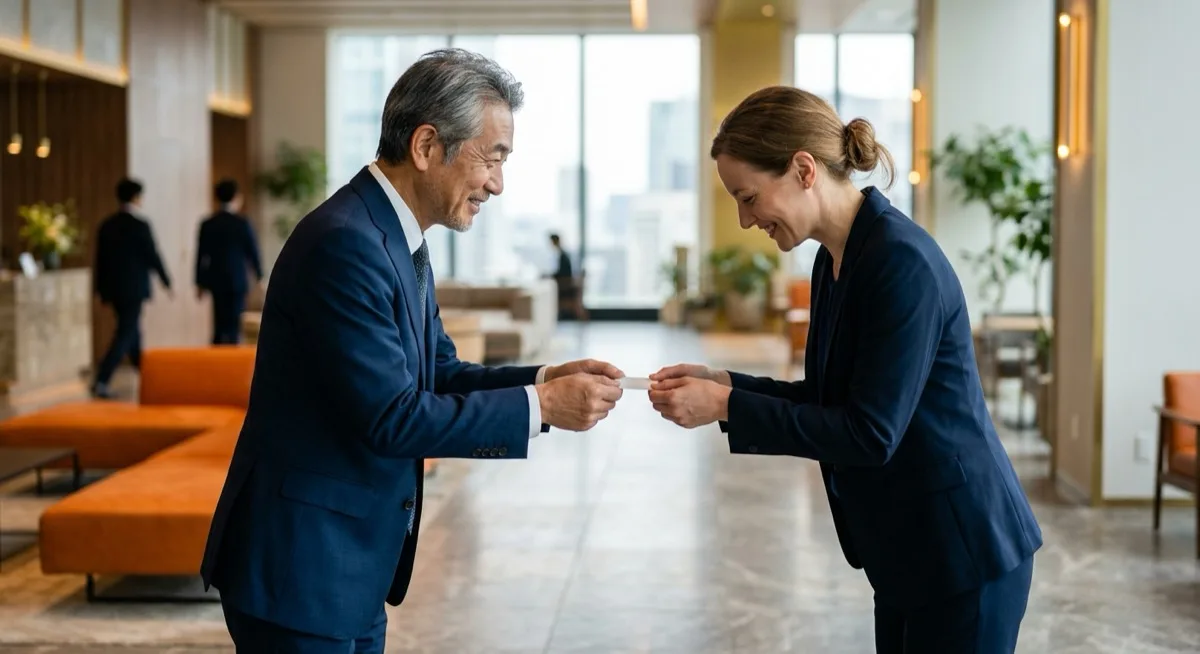 A senior Japanese executive presenting his business card with both hands to a European visitor who receives it with both hands and a slight bow, demonstrating meishi etiquette