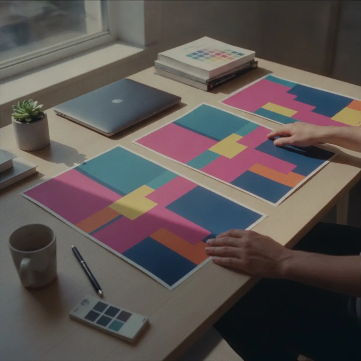 Printed advertising layout variants for different Asian markets laid out on a desk