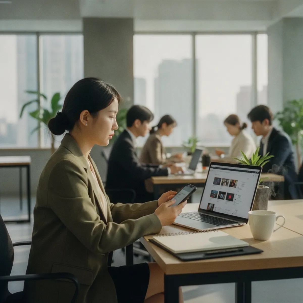 A Korean marketer reviewing a Naver-style search results layout across a phone and laptop while researching the content ecosystem