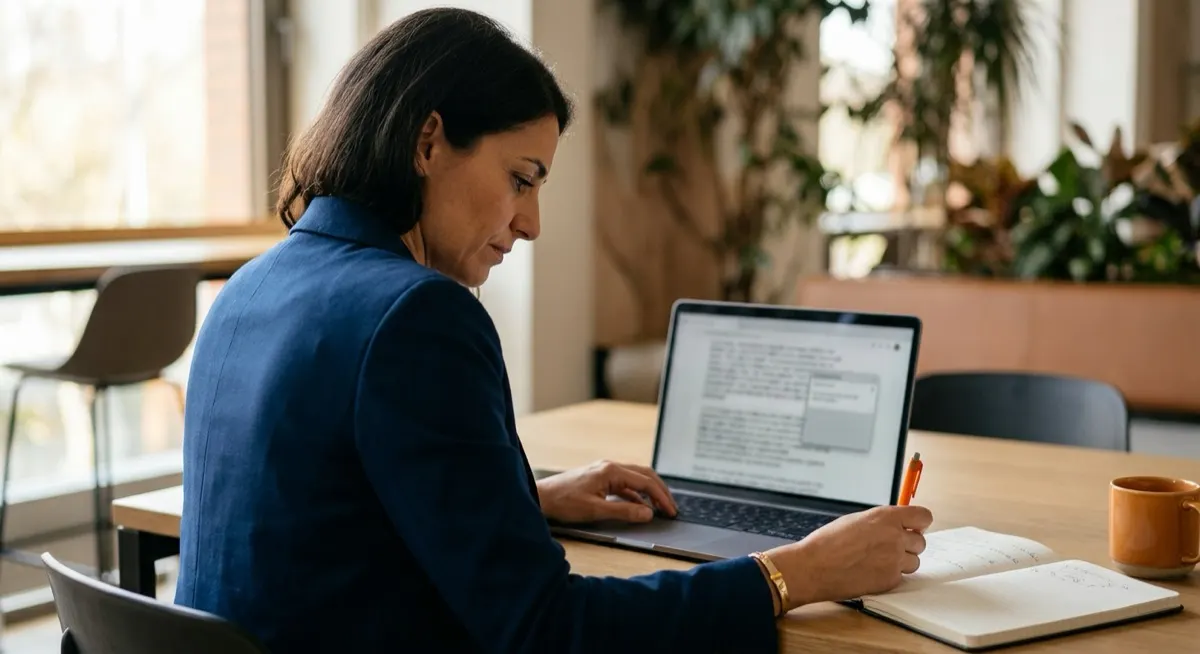 A professional reading a long-form essay on a laptop with a translation overlay open, taking meeting notes alongside, the note.com reading workflow