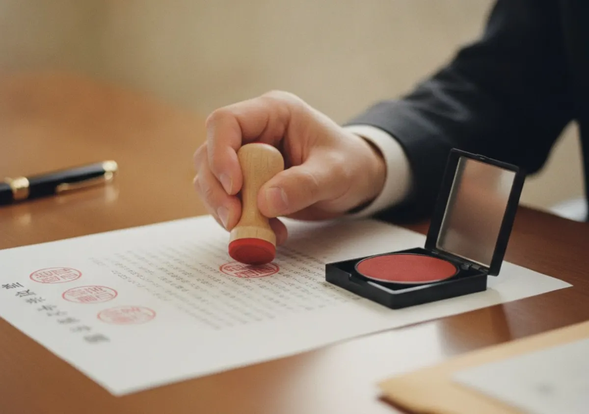A Japanese manager pressing a red hanko seal onto a ringi approval document to record sign-off