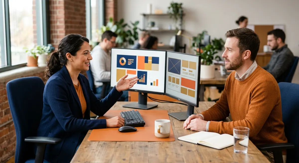 A mixed pair of SEO specialists at a co-lab bench with an orange desk mat, illustrating search engines in Japan