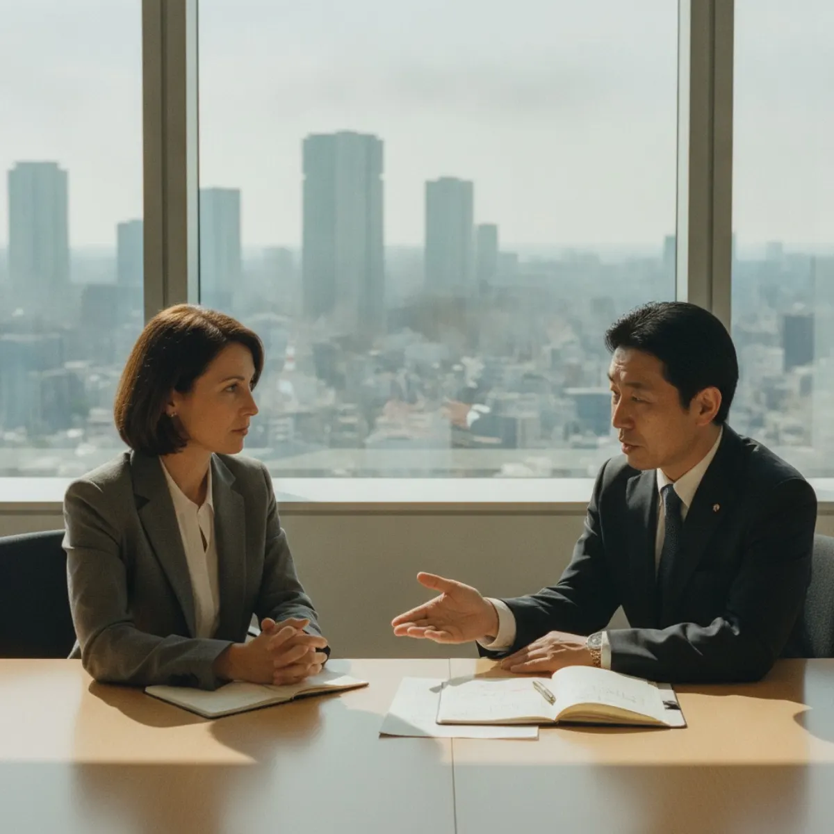 A European founder and a Japanese business help-desk advisor reviewing plans together during a Step in Japan visit