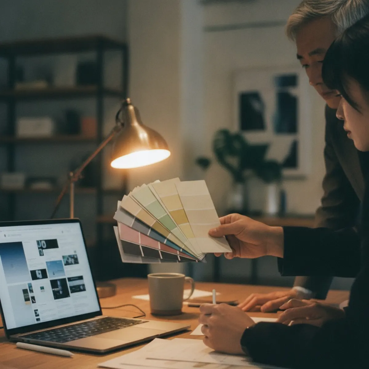 A Japanese designer comparing colour swatches against a dense website layout while localizing a brand for Japan