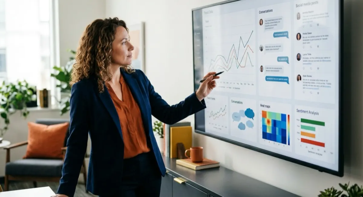 A marketer studying a social-listening dashboard of trends and conversations on a screen, illustrating using X in Japan as a market-intelligence channel rather than an ad channel